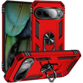 Mobigear Armor Ring Coque Google Pixel 9 Coque arrière Rigide Anti-Chocs avec Anneau-Support - Rouge