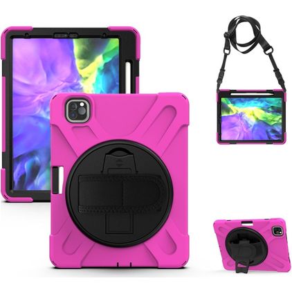 Mobigear SureGrip XGuard Coque iPad Air 4 (2020) Coque arrière en Plastique rigide,Silicone + Porte-crayon + Bandoulière + Support Amovible - Rose