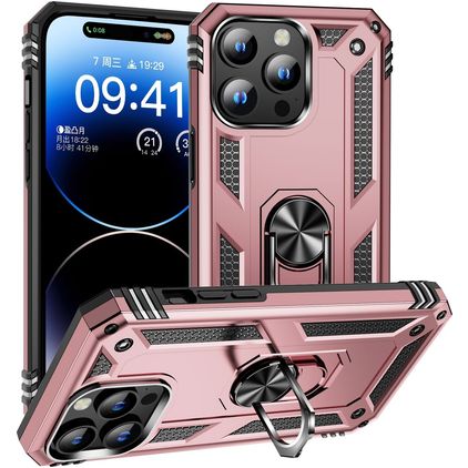 Mobigear Armor Ring Coque iPhone 16 Pro Coque arrière Rigide Anti-Chocs avec Anneau-Support - Rose doré