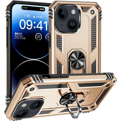 Mobigear Armor Ring Coque iPhone 15 Coque arrière Rigide Anti-Chocs avec Anneau-Support - Or