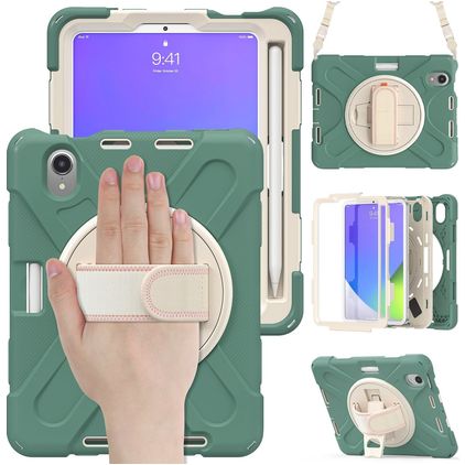 Mobigear SureGrip XGuard Coque iPad Mini 6 (2021) Coque arrière en Plastique rigide,Silicone + Porte-crayon + Bandoulière + Support Amovible - Vert