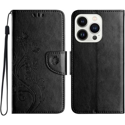 Mobigear Flowers Housse iPhone 16 Pro Etui Porte-Monnaie - Noir