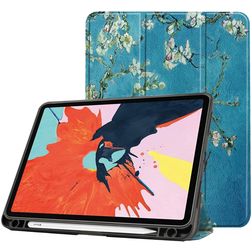 Mobigear Tri-Fold Gel Coque iPad Air 5 (2022) Etui en TPU,Similicuir + Porte-crayon - Fleurs d'amande