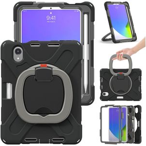 Mobigear RingGuard Coque iPad Mini 7 (2024) Coque arrière en Plastique rigide,Silicone + Porte-crayon + Bandoulière + Support Amovible - Noir