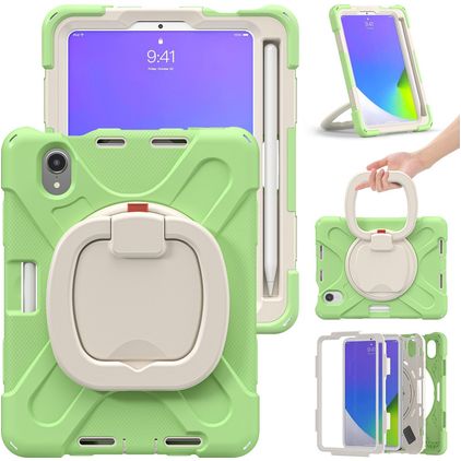 Mobigear RingGuard Coque iPad Mini 6 (2021) Coque arrière en Plastique rigide,Silicone + Porte-crayon + Bandoulière + Support Amovible - Vert