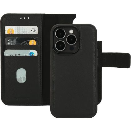 Mobiparts Housse iPhone 14 Pro MagSafe Etui avec Coque Détachable en Cuir Véritable Porte-Monnaie - Noir