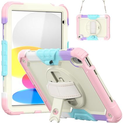 Mobigear SureGrip Xtreme Coque iPad 10 (2022) Coque arrière en Plastique rigide,Silicone + Bandoulière + Support Amovible - Rainbow