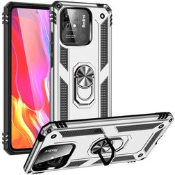 Mobigear Armor Ring Xiaomi Redmi 10C Plastique rigide Coque arrière Antichoc avec bague de maintien - Argent