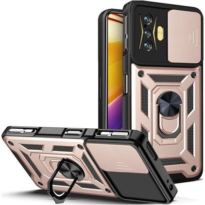 Mobigear Armor Ring Cam Slide POCO F4 GT Plastique rigide Coque arrière Antichoc avec bague de maintien et cache caméra coulissant - Rose doré