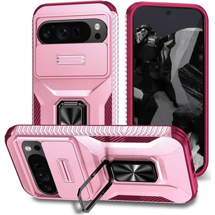 Mobigear Armor Ring Cam Slide Google Pixel 9 Pro XL Plastique rigide Coque arrière Antichoc avec bague de maintien et cache caméra coulissant - Rose