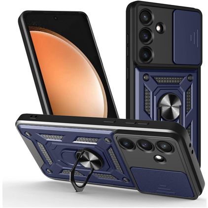 Mobigear Armor Ring Cam Slide Coque Samsung Galaxy S25 FE Coque arrière Rigide Anti-Chocs avec Anneau-Support et Protecteur Lentilles - Bleu