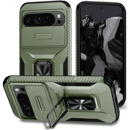 Mobigear Armor Ring Cam Slide Coque Google Pixel 9 Pro XL Coque arrière Rigide Anti-Chocs avec Anneau-Support et Protecteur Lentilles - Vert