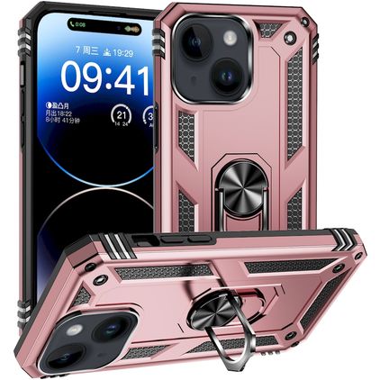 Mobigear Armor Ring iPhone 15 Plus Plastique rigide Coque arrière Antichoc avec bague de maintien - Rose doré
