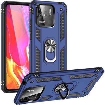 Mobigear Armor Ring Xiaomi Redmi 10C Plastique rigide Coque arrière Antichoc avec bague de maintien - Bleu