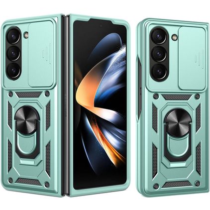 Mobigear Armor Ring Cam Slide Samsung Galaxy Z Fold 7 Plastique rigide Coque arrière Antichoc avec bague de maintien et cache caméra coulissant - Vert