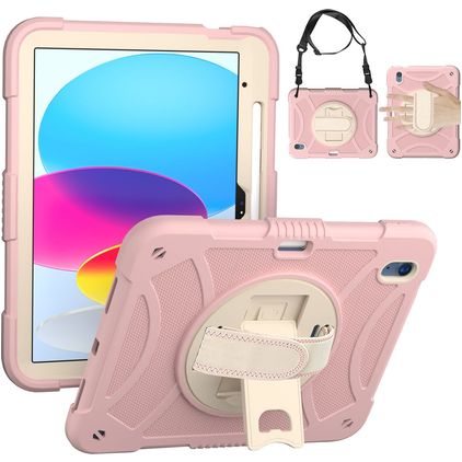 Mobigear SureGrip Coque iPad 10 (2022) Coque arrière en Plastique rigide,Silicone + Porte-crayon + Bandoulière + Support Amovible - Rose