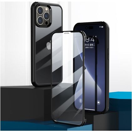 Valenta Full Cover Coque iPhone 14 Pro Max Coque arrière en Verre trempé Anti-Chocs - Transparent / Noir
