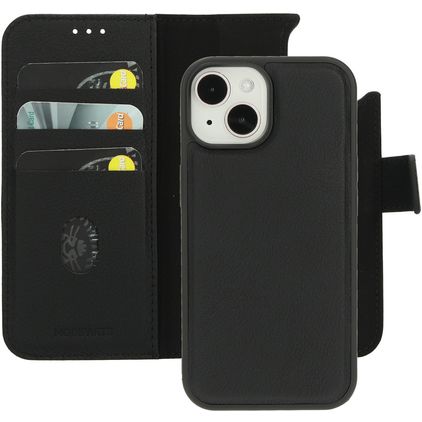 Mobiparts iPhone 15 MagSafe Coque Cuir véritable Étui 2en1 avec coque amovible Portefeuille - Noir