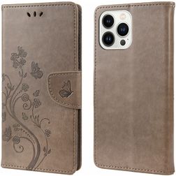 Mobigear Flowers Housse iPhone 14 Pro Etui Porte-Monnaie - Gris