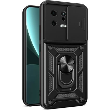 Mobigear Armor Ring Cam Slide Coque Xiaomi 13 Coque arrière Rigide Anti-Chocs avec Anneau-Support et Protecteur Lentilles - Noir