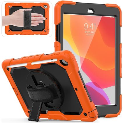 Mobigear SureGrip Xtreme Coque iPad 8 (2020) Coque arrière en Plastique rigide,Silicone + Porte-crayon + Bandoulière + Support Amovible - Noir / Orange