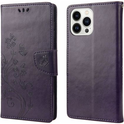 Mobigear Flowers Housse iPhone 14 Pro Etui Porte-Monnaie - Violet