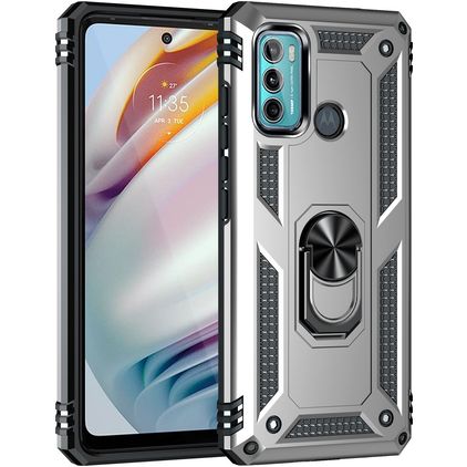 Mobigear Armor Ring Motorola Moto G60 Plastique rigide Coque arrière Antichoc avec bague de maintien - Argent