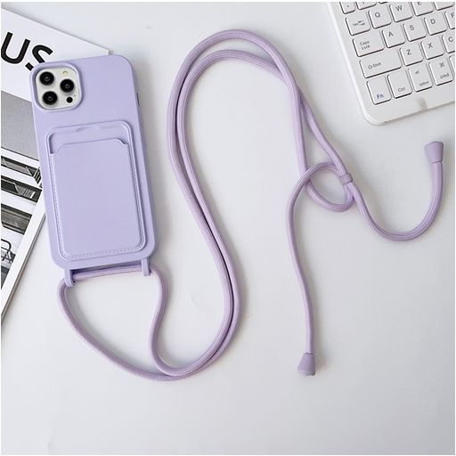 Mobigear Lanyard Card iPhone 15 Pro Max Coque avec cordon en Silicone et Porte-Cartes - Violet