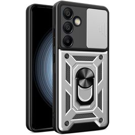 Mobigear Armor Ring Cam Slide Coque Samsung Galaxy S24 FE Coque arrière Rigide Anti-Chocs avec Anneau-Support et Protecteur Lentilles - Argent
