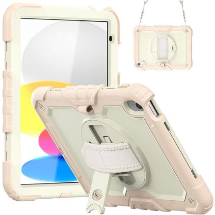 Mobigear SureGrip Xtreme Coque iPad 10 (2022) Coque arrière en Plastique rigide,Silicone + Bandoulière + Support Amovible - Blanc / Rose doré