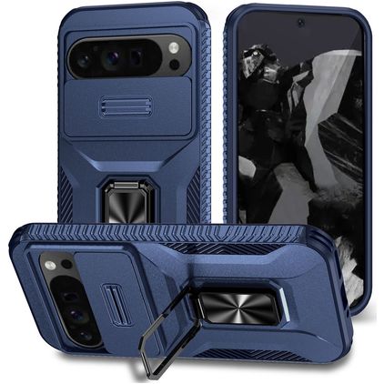 Mobigear Armor Ring Cam Slide Coque Google Pixel 9 Pro XL Coque arrière Rigide Anti-Chocs avec Anneau-Support et Protecteur Lentilles - Bleu