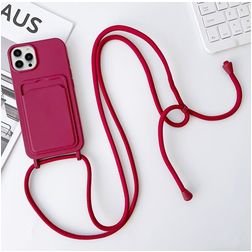 Mobigear Lanyard Card iPhone 15 Pro Max Coque avec cordon en Silicone et Porte-Cartes - Bordeaux