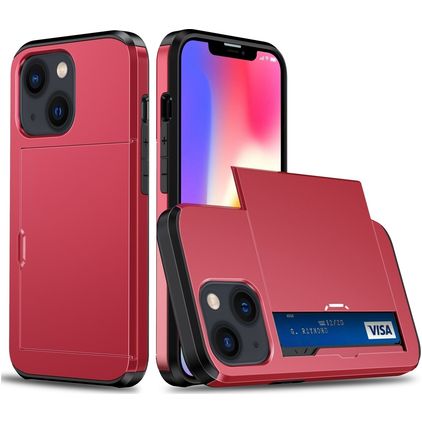 Mobigear Card Coque iPhone 15 Coque arrière Rigide Anti-Chocs avec Porte-Cartes - Rouge