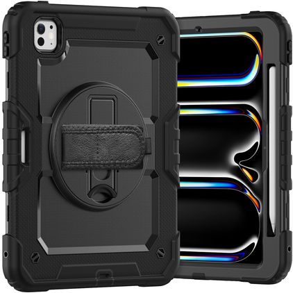 Xccess Survivor All-round Coque iPad Pro 11 Pouces (2024) Coque arrière en Plastique rigide,Silicone + Bandoulière + Support Amovible - Noir