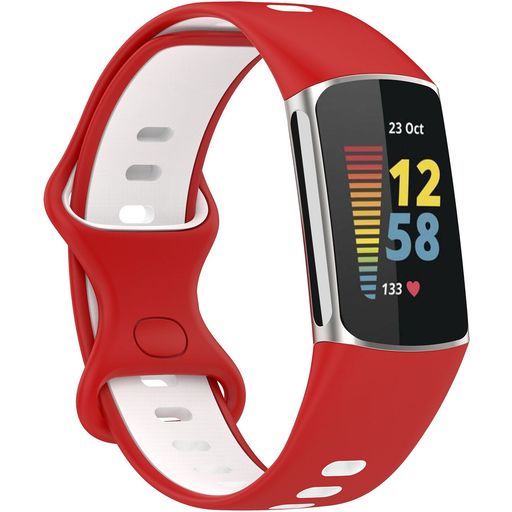 Mobigear Sport Dual Bracelet Silicone Fitbit Charge 5 Fermeture à clou et passant - Blanc / Rouge