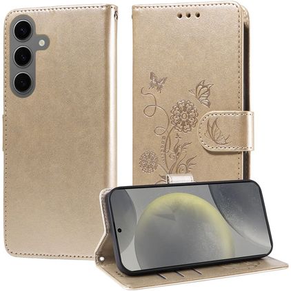 Mobigear Flowers Housse Samsung Galaxy S25 Etui Porte-Monnaie - Or