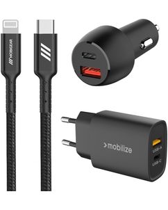Mobigear Essentials - Chargeur + Chargeur de voiture + Apple Lightning Cable 1 mètre Power Delivery 48W - Noir