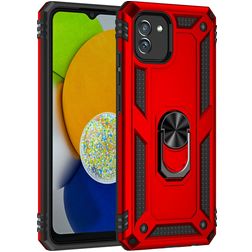 Mobigear Armor Ring Samsung Galaxy A03 Plastique rigide Coque arrière Antichoc avec bague de maintien - Rouge