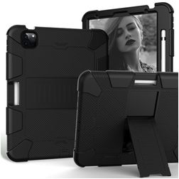 Mobigear ShieldStand Coque iPad Air 4 (2020) Coque arrière en Plastique rigide,Silicone + Porte-crayon + Support Amovible - Noir