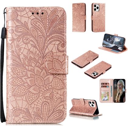 Mobigear Flowers Housse iPhone 12 Pro Etui Porte-Monnaie - Rose doré