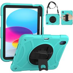 Mobigear SureGrip Coque iPad 10 (2022) Coque arrière en Plastique rigide,Silicone + Porte-crayon + Bandoulière + Support Amovible - Turquoise