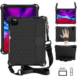 Mobigear HexStrap Coque iPad Air 5 (2022) Coque arrière en Plastique rigide,EVA + Porte-crayon + Bandoulière + Support Amovible - Noir