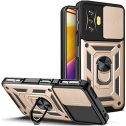 Mobigear Armor Ring Cam Slide POCO F4 GT Plastique rigide Coque arrière Antichoc avec bague de maintien et cache caméra coulissant - Or