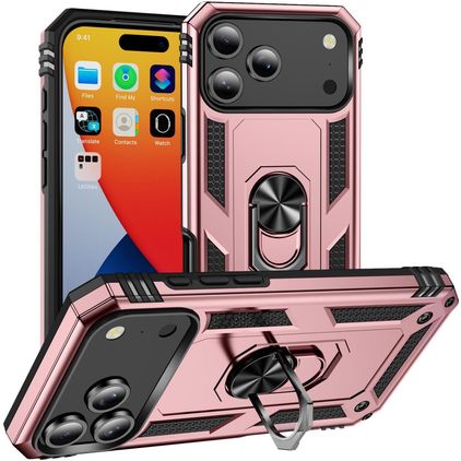 Mobigear Armor Ring Coque iPhone 18 Pro Max Coque arrière Rigide Anti-Chocs avec Anneau-Support - Rose doré