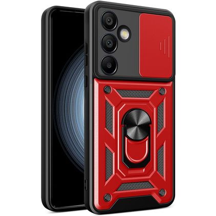 Mobigear Armor Ring Cam Slide Samsung Galaxy S24 FE Plastique rigide Coque arrière Antichoc avec bague de maintien et cache caméra coulissant - Rouge