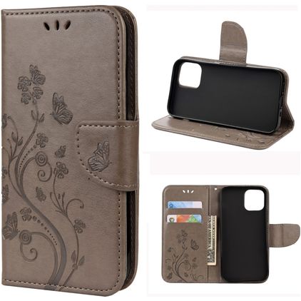 Mobigear Flowers Housse iPhone 12 Pro Etui Porte-Monnaie - Gris