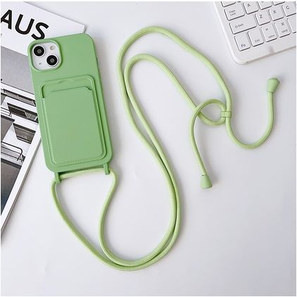 Mobigear Lanyard Card iPhone 15 Plus Coque avec cordon en Silicone et Porte-Cartes - Vert