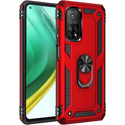 Mobigear Armor Ring Xiaomi Mi 10T Plastique rigide Coque arrière Antichoc avec bague de maintien - Rouge