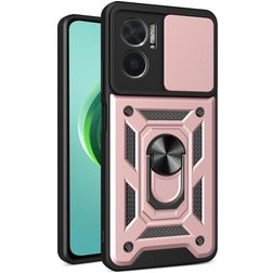 Mobigear Armor Ring Cam Slide Xiaomi Redmi 10 5G Plastique rigide Coque arrière Antichoc avec bague de maintien et cache caméra coulissant - Rose doré