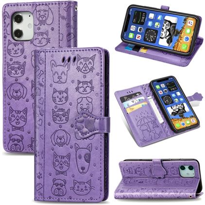 Mobigear Cat and Dog Housse iPhone 12 Pro Max Etui Porte-Monnaie - Violet
